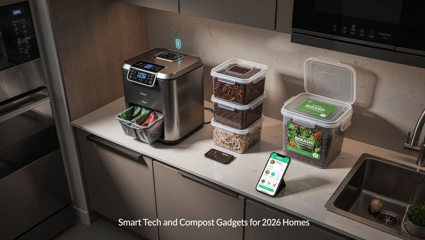 Contemporary 2026 apartment kitchen scene with smart auto-sorting trash bin, compact electric countertop composter, stackable vermicomposter, bokashi fermentation bucket, and phone showing waste app.
