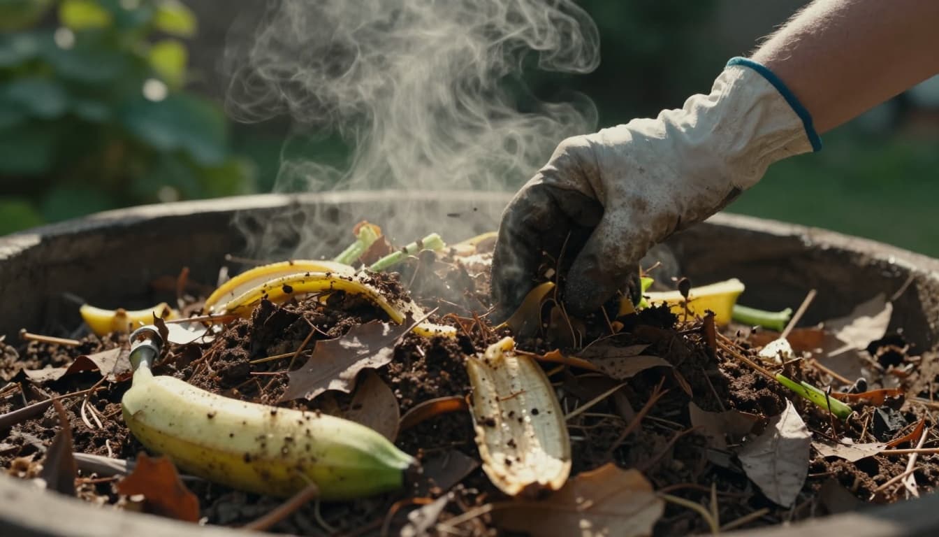 Close-up of a balanced home compost pile in a small backyard garden, mixing green kitchen scraps like banana peels and coffee grounds with brown leaves and shredded paper, a gloved hand adding scraps, earthy tones, steam rising, cinematic style with dramatic side lighting.