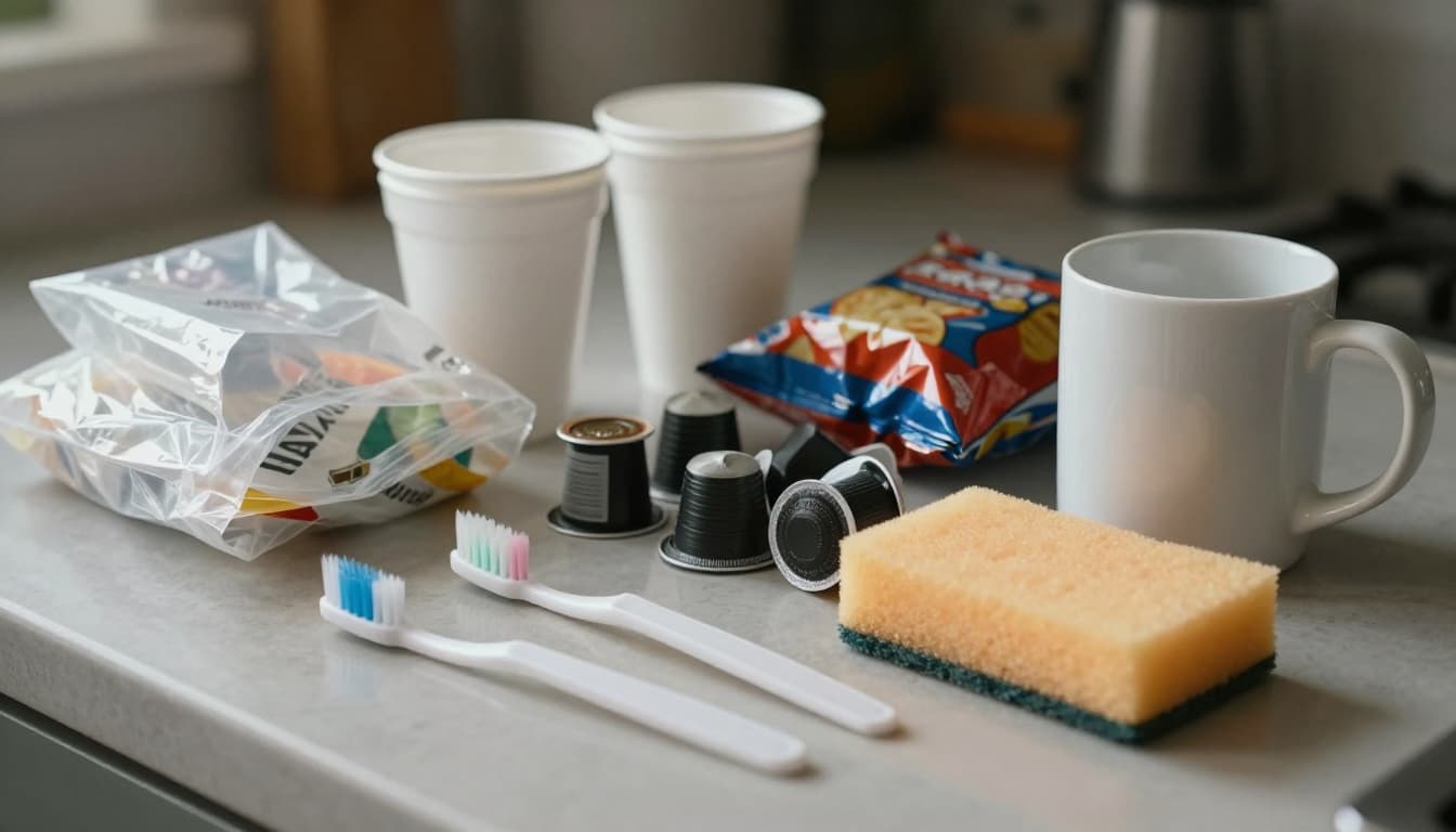 A close-up view of everyday non-recyclable household items like plastic bags, styrofoam cups, greasy pizza box, coffee pods, chip bags, ceramic mug, plastic toothbrush, and sponge arranged on a kitchen counter with natural indoor lighting.