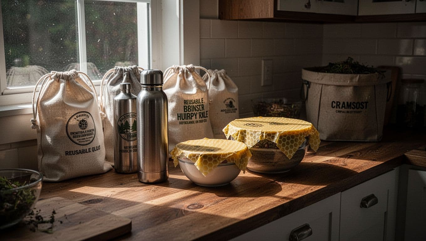 A cozy kitchen counter displays reusable cloth bags, a stainless steel water bottle, beeswax wraps on bowls, and a compost bin, bathed in natural light from a window with wooden surfaces evoking a zero-waste vibe. Cinematic style features strong contrast, depth, and dramatic lighting.