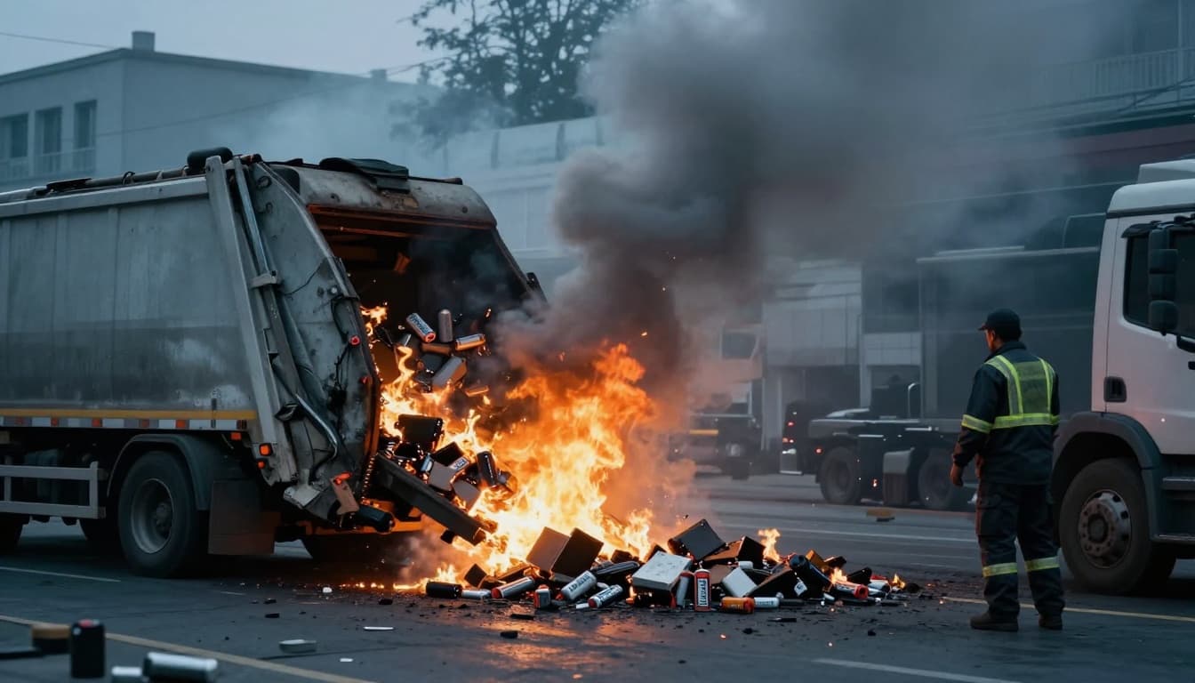Crushed lithium-ion batteries ignite flames and thick smoke inside a garbage truck compactor during waste collection, with an alarmed sanitation worker in high-vis gear stepping back on an urban street at dusk.