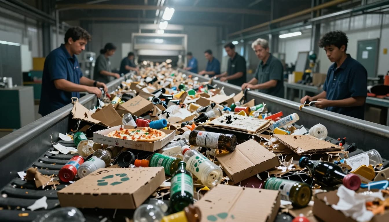 Close-up of a recycling sorting facility conveyor belt jammed with contaminated items like greasy pizza boxes, sticky bottles, and wet cardboard, causing clogs, with one concerned worker in the background in an industrial warehouse.