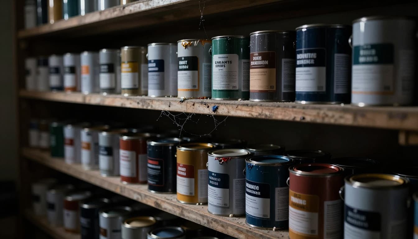 Assortment of paint cans, brushes, and stains on a dusty basement shelf with cobwebs, open cans showing dried paint edges, under dramatic low-key lighting with sharp foreground and blurred background.