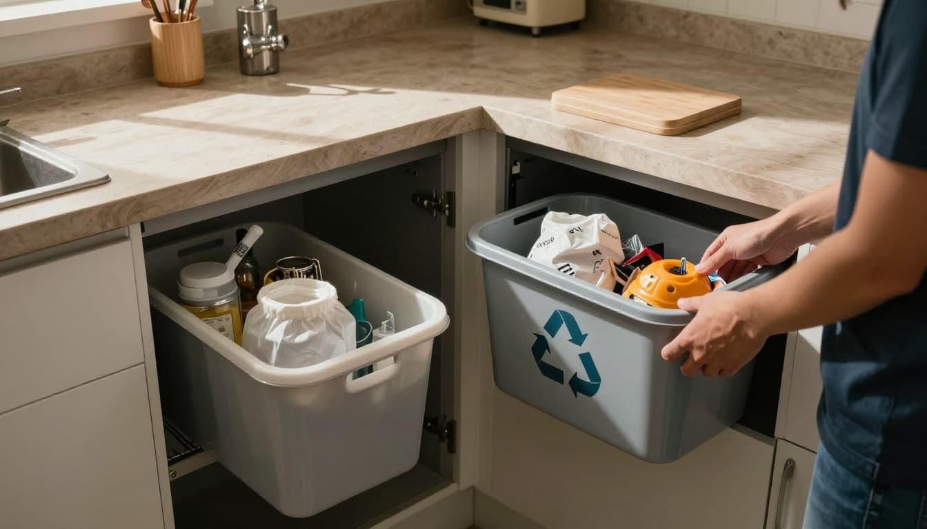 Family kitchen scene with under-sink pull-out bins for trash and recycling, small countertop compost bin nearby. Clean counters, natural light, cinematic style with two adults and one child casually sorting waste.