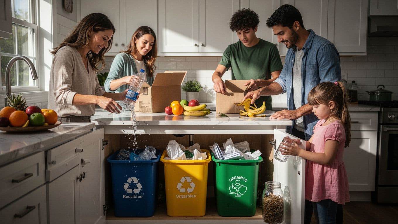 A modern US family of four casually sorts waste into color-coded under-sink bins in a bright kitchen: mom rinses a plastic bottle, dad adds banana peels to organics, son tosses cardboard, and daughter drops a glass jar, all in relaxed poses with dramatic side lighting.