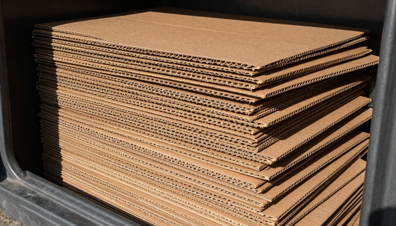 Stack of flattened clean cardboard boxes neatly piled in an outdoor recycling bin area, with visible corrugated edges, no grease or wax, under dramatic cinematic lighting with strong shadows and depth emphasizing layers.