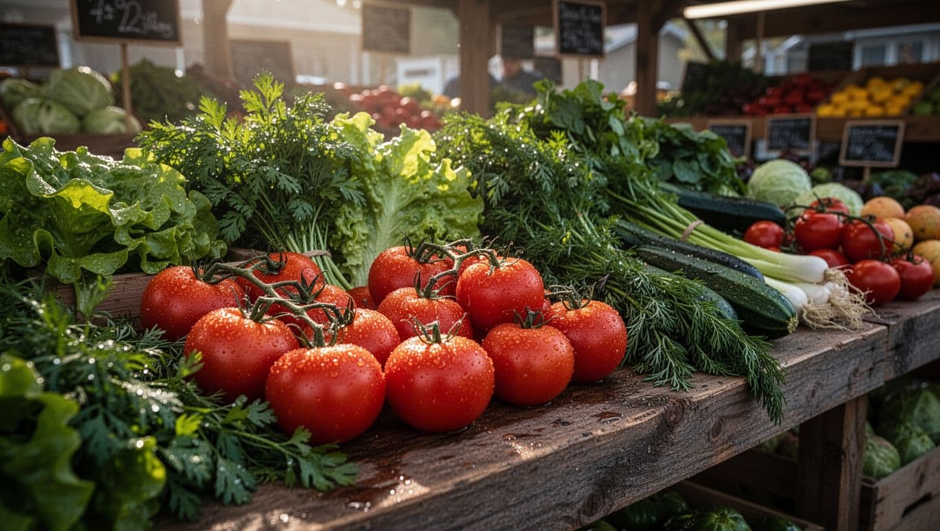 Vibrant tomatoes, lettuce, and herbs with morning dew on a wooden table at a market stall, illuminated by cinematic morning light with dramatic contrast and depth.