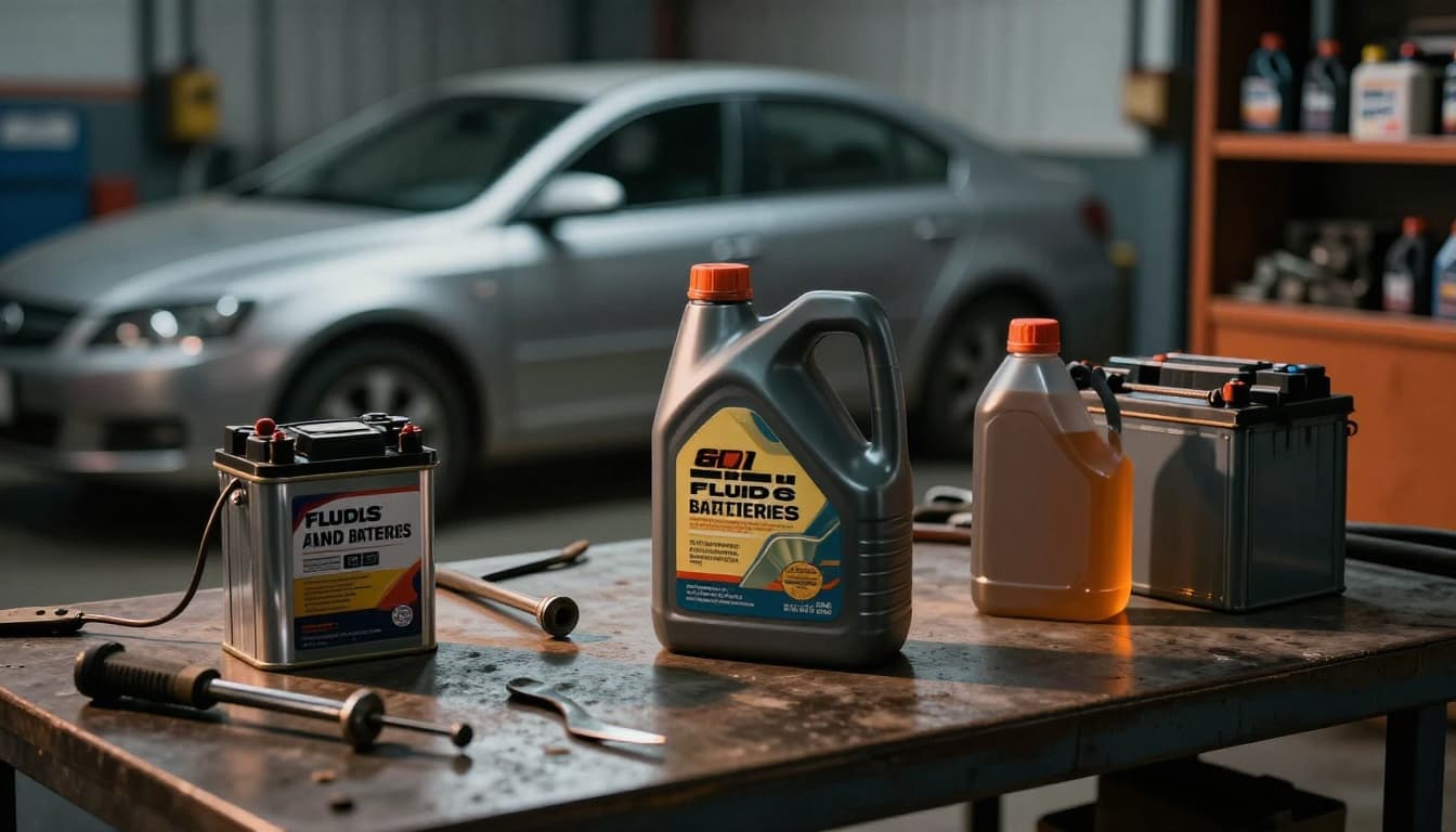 Garage workbench scene with motor oil cans, antifreeze jugs, car battery, minimal tools, blurred car background. Dramatic side lighting, long shadows, cinematic industrial style with warm orange metal highlights.