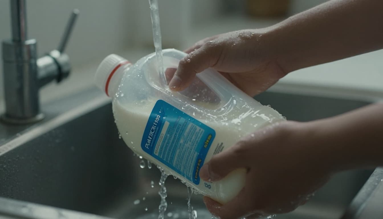 Close-up of hands rinsing a clear plastic milk jug under a kitchen faucet, water splashing off the jug with intact label, dramatic cinematic style.