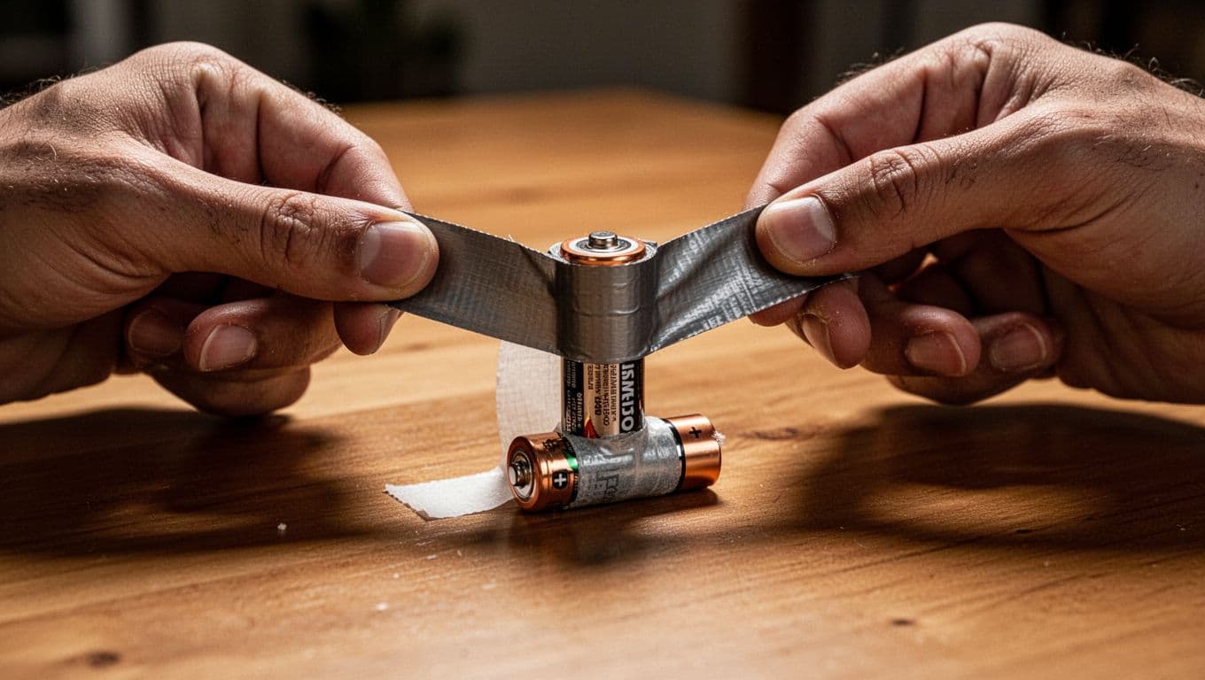 Close-up of two hands applying duct tape over the positive and negative terminals of a single AA rechargeable battery on a wooden table, demonstrating safe handling to prevent fires.