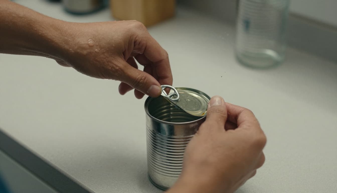 Person's hands tucking a metal lid inside an empty, clean aluminum can on a kitchen counter with water droplets nearby, in dramatic cinematic style with strong contrast.