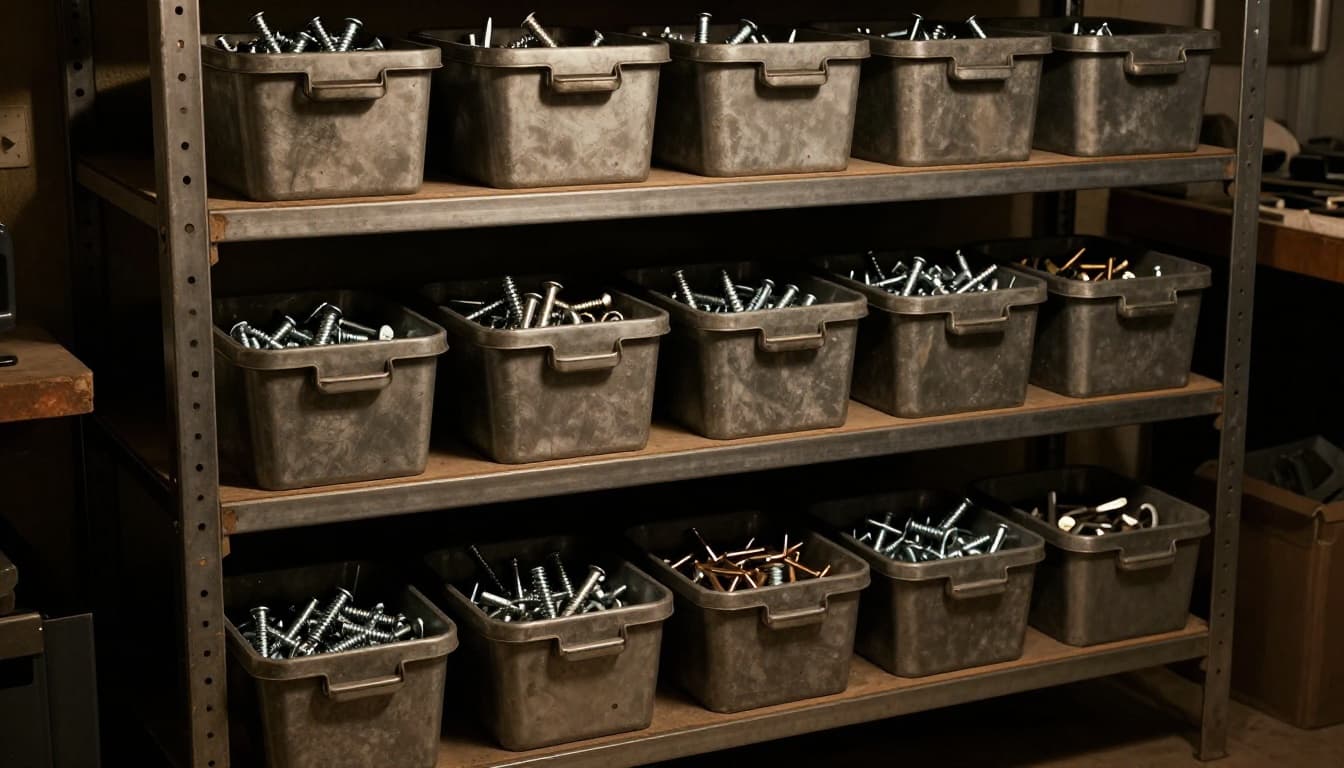 Heavy-duty metal and plastic bins with handles are stacked on sturdy shelves in a dimly lit garage workshop, sorted with small screws, bolts, and tools by type and size. Dramatic side lighting creates strong contrast, deep shadows, and cinematic depth in warm earthy tones.