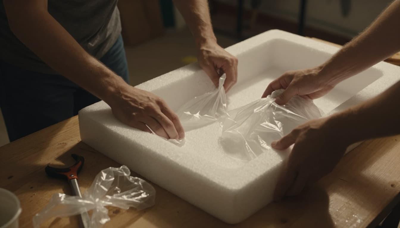 A person in a home workshop creatively repurposes styrofoam into packing material and plastic bags into trash liners, with tools nearby under warm lighting and dramatic shadows in cinematic style.