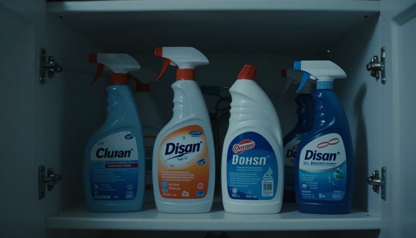 Close-up of common household cleaners like bleach bottles, ammonia, and drain cleaners stored on a shelf under a kitchen sink in a dimly lit cabinet. Cinematic style with dramatic lighting, high contrast shadows, and cool blue tones.