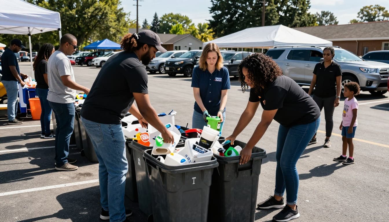 Two adults handing containers to a worker at a household hazardous waste collection event in a parking lot, with a child watching nearby, under sunny skies with dramatic shadows and vibrant colors.
