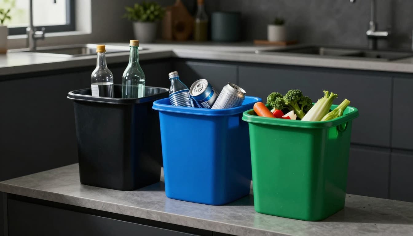 Close-up of three color-coded waste bins on a modern kitchen counter: black trash bin, blue recycling bin with bottles and cans, green compost bin with veggie scraps. Cinematic style with dramatic lighting and depth.