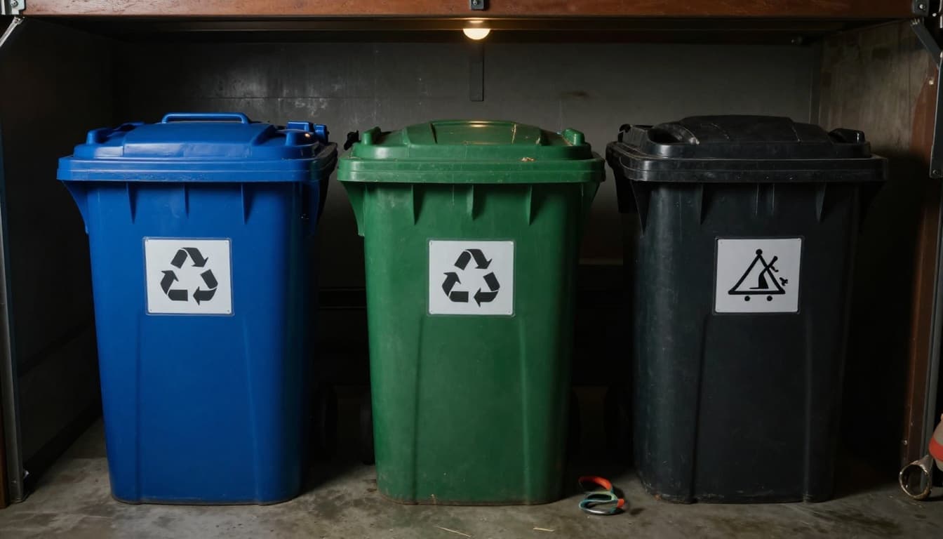Large blue recycling tote, green compost tumbler, and black trash can arranged in a garage on a concrete floor with tools nearby, featuring clear waterproof labels with icons. Cinematic style with strong contrast, depth, and dramatic overhead lighting.