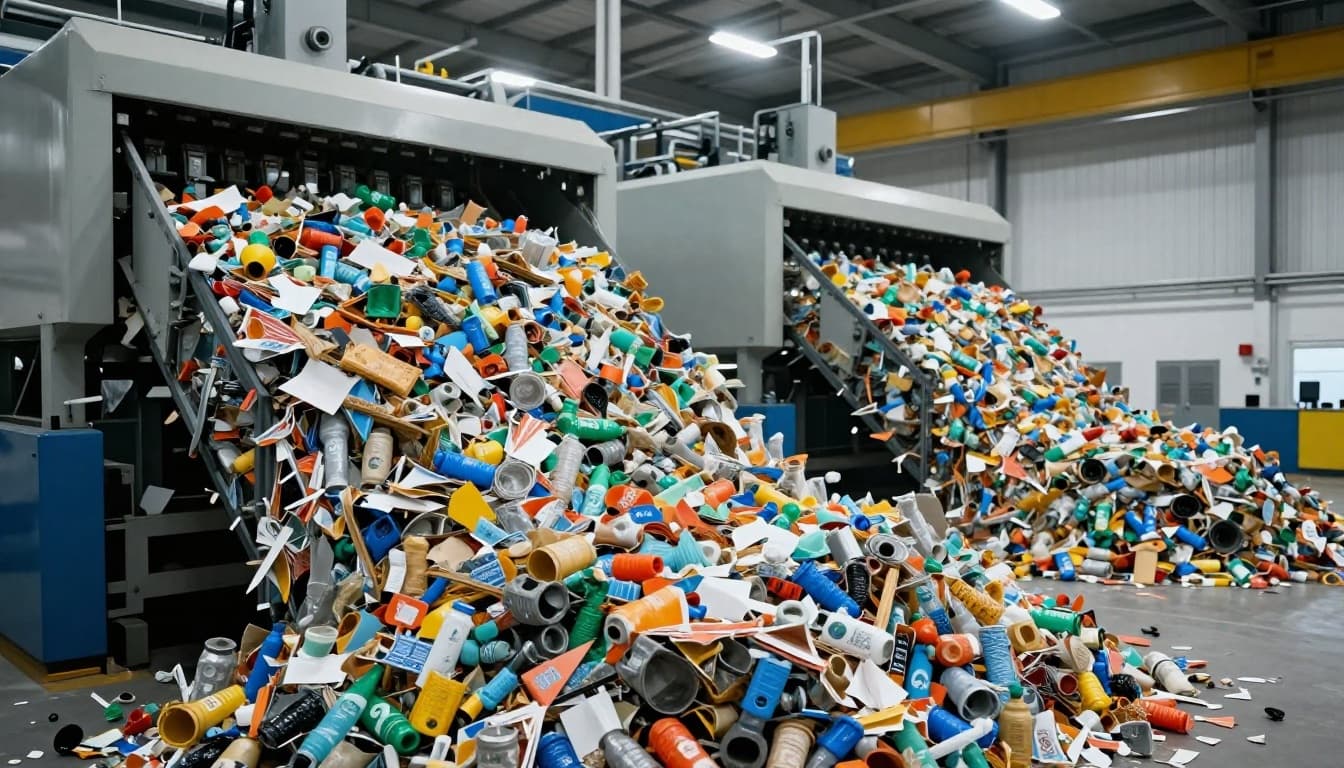 Modern recycling plant with clean sorted plastics, paper, and metals processed into bales by efficient machinery in a brightly lit factory interior. Cinematic style with strong contrast, depth, and dramatic lighting, focusing solely on materials and machines.