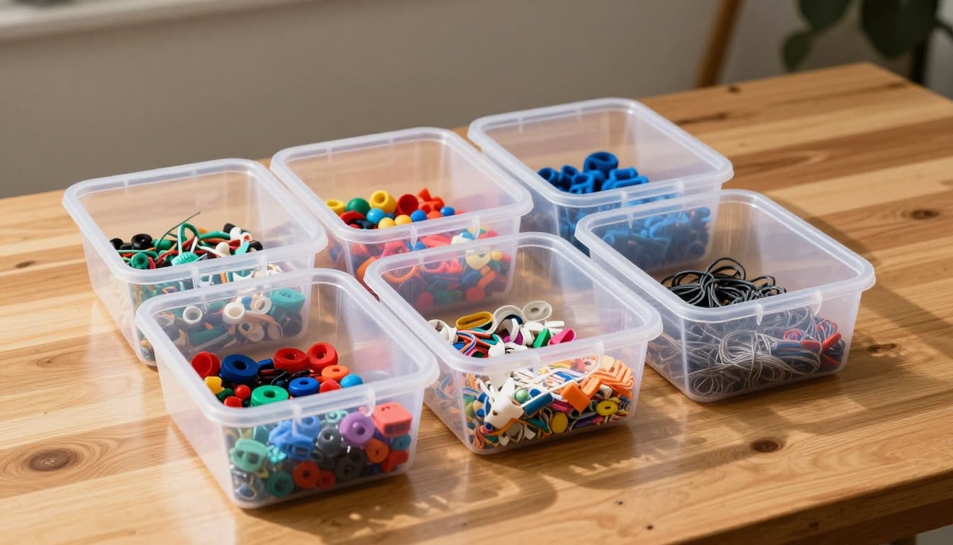 Clear lightweight plastic bins organized on a wooden crafting table in a bright home craft room, with colorful beads, yarns, toys, and crafts visible inside transparent bins sorted by material under dramatic overhead lighting.