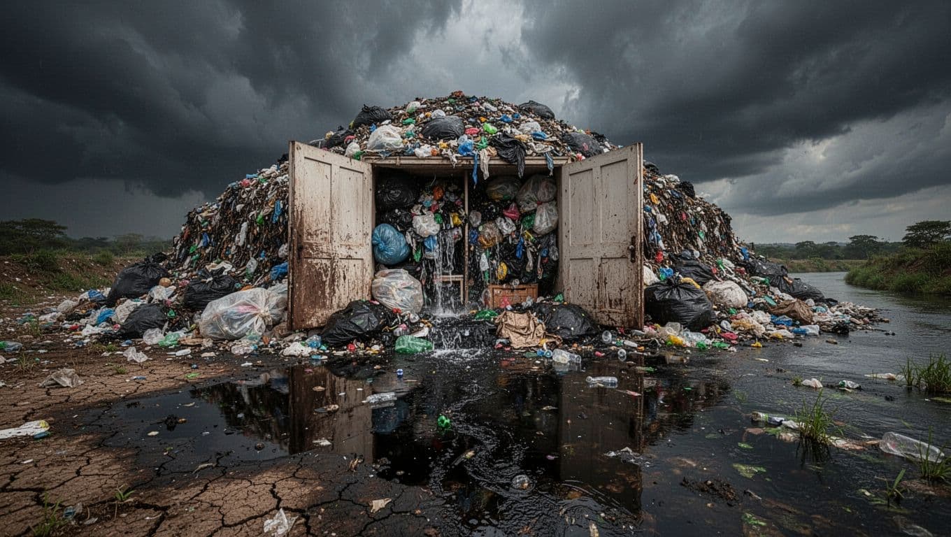 Massive overflowing landfill mound under dark stormy skies with trash piled high spilling out and dark leachate toxins pooling into cracked soil and flowing into a polluted river.
