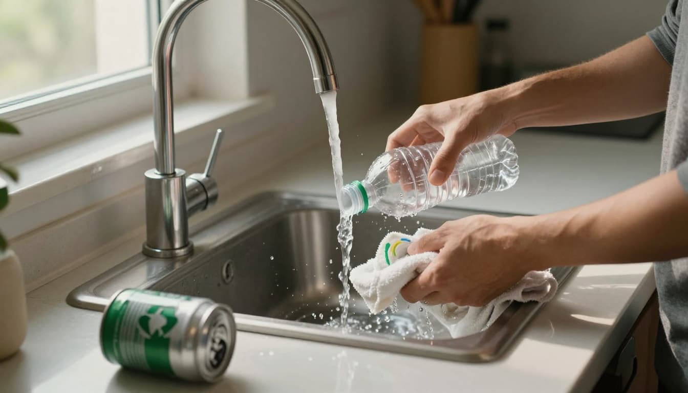 Person at kitchen sink rinsing a plastic bottle and aluminum can under running water, with a towel nearby and open recyclables bin on counter in a home kitchen setting with natural morning light.