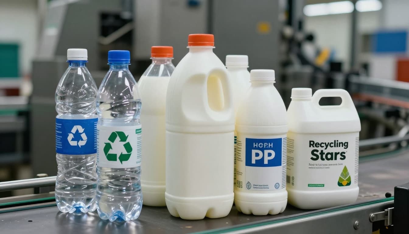 Stack of clear PET soda bottles next to opaque HDPE milk jugs and semi-rigid PP yogurt containers on a recycling facility conveyor belt, with dramatic lighting highlighting material properties against soft-focused machinery background.