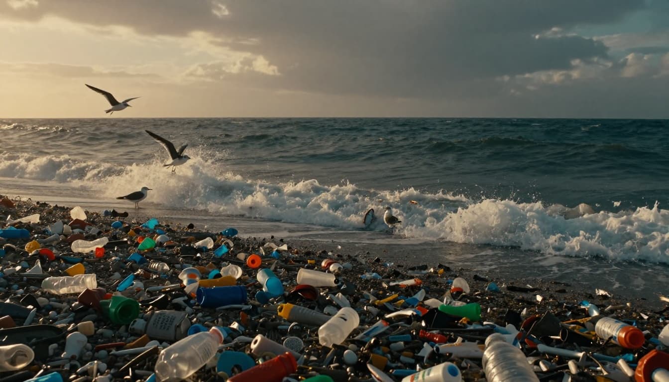 Ocean waves wash plastic debris onto a beach, affecting seabirds and fish, contrasted with clean recycled products in the foreground. Dramatic cinematic sunset scene emphasizing poor recycling's harm to marine life.
