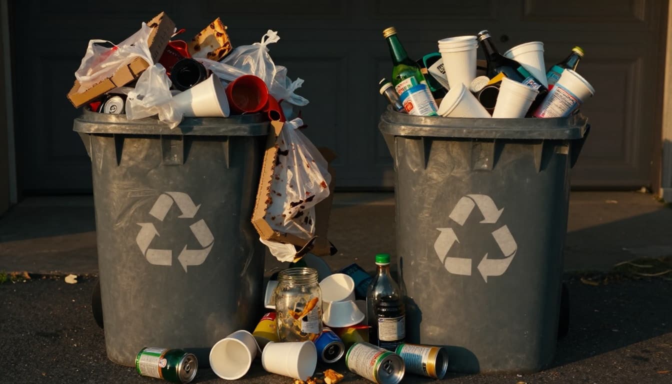 Recycling bin overflowing with wrong items like plastic bags, greasy pizza box, styrofoam cups, and dirty glass jar, contrasted against a clean bin with properly sorted bottles and cans in a garage setting.