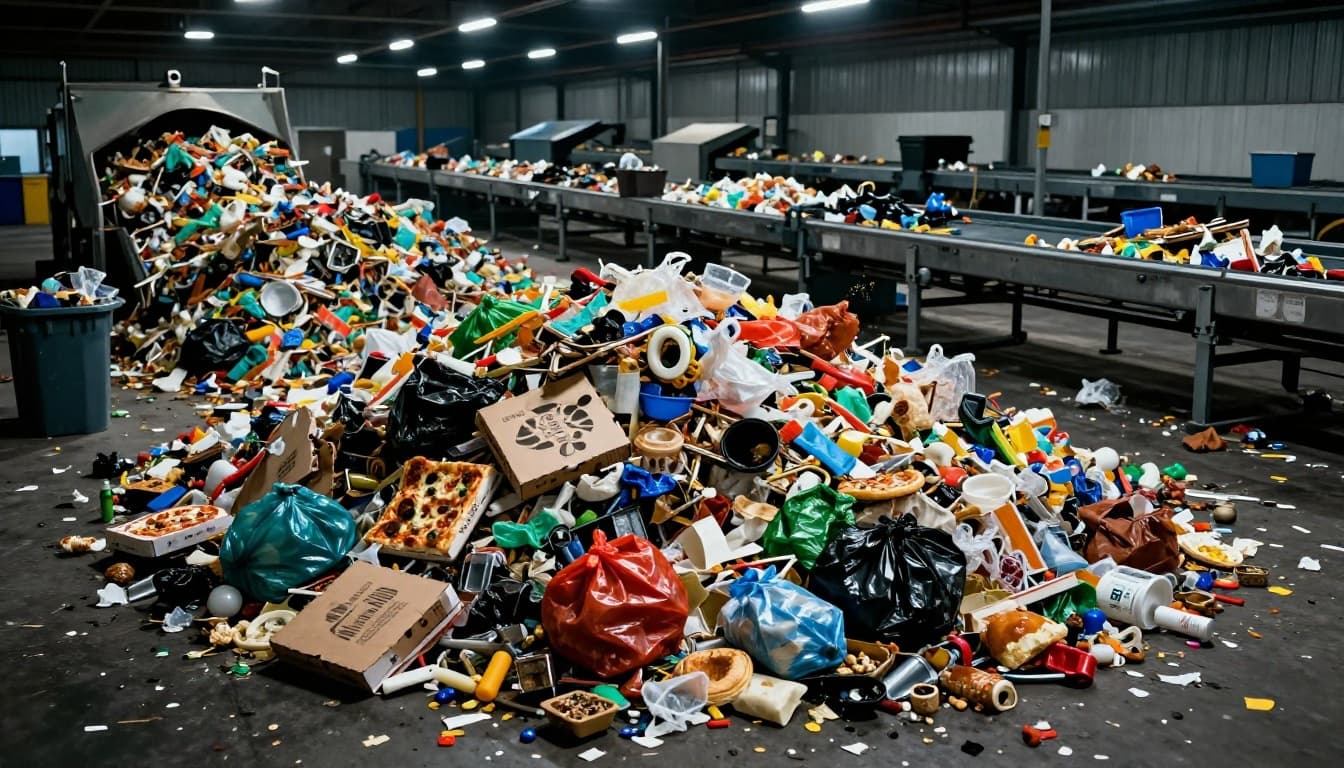 A messy pile of contaminated recyclables like dirty pizza boxes, plastic bags, and food waste spills from a rejected bin, contrasting with clean sorted plastics and metals on a recycling facility's sorting line.