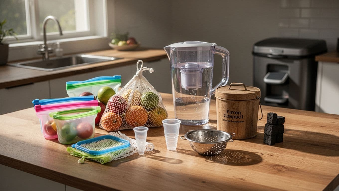 Collection of affordable reusable kitchen items neatly arranged on a wooden countertop in a bright modern kitchen, including colorful silicone storage bags, mesh produce bags, glass menstrual cup, water filter pitcher, charcoal-filter compost pail, sink strainer, and foot-pedal trash bin, in cinematic style with dramatic lighting.