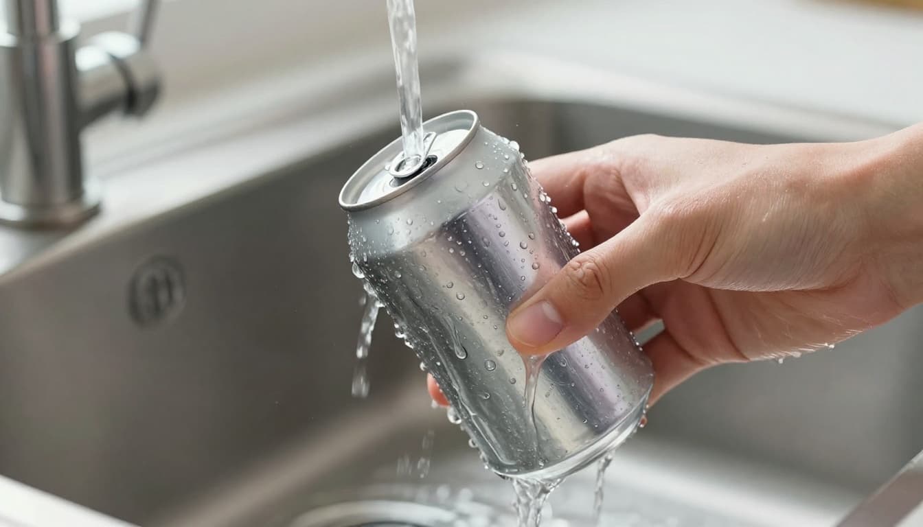 Close-up of hands loosely holding a single aluminum soda can under clear running water in a modern kitchen sink, with water droplets splashing off the shiny metal surface.