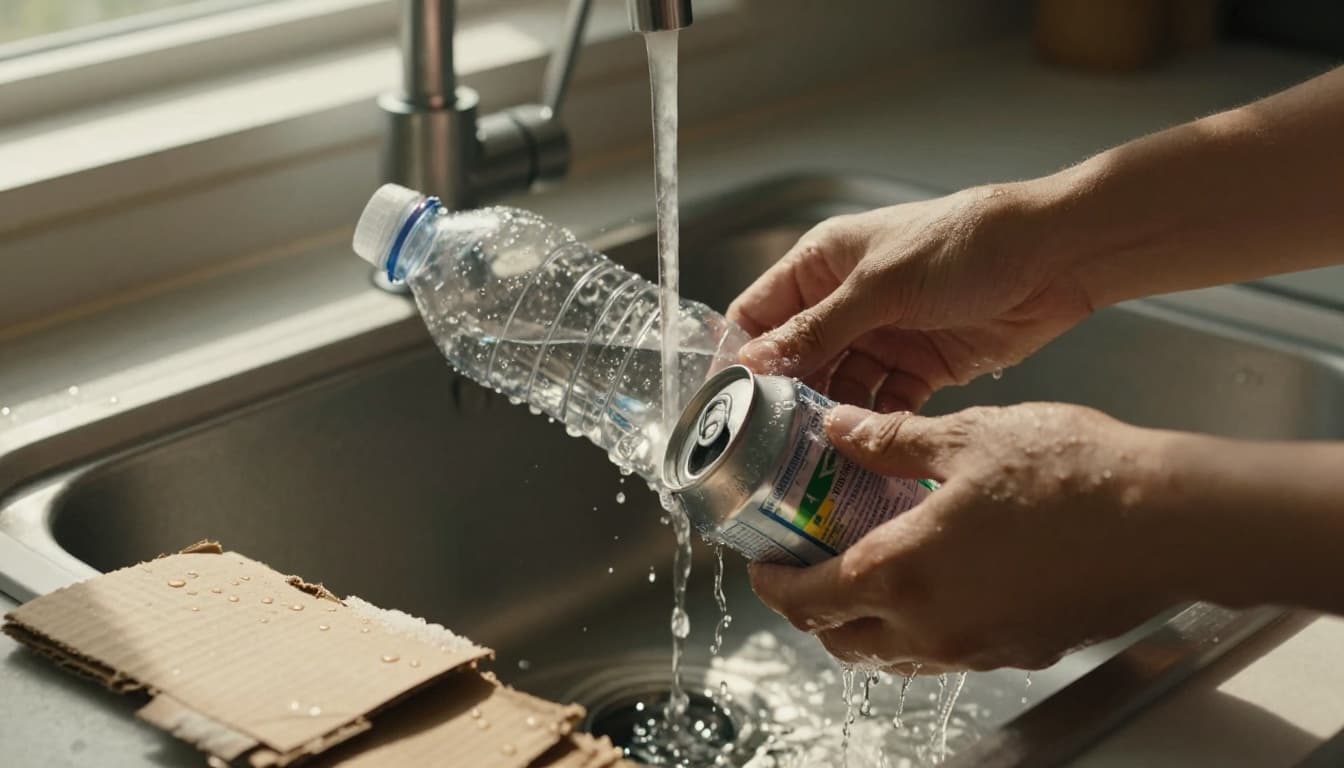Close-up of hands in a modern kitchen sink rinsing a clear PET plastic bottle and an aluminum can under running water, with clean paper and flattened cardboard nearby on the counter. Cinematic style featuring water droplets, soap suds, strong shadows, warm tones, and natural side lighting.
