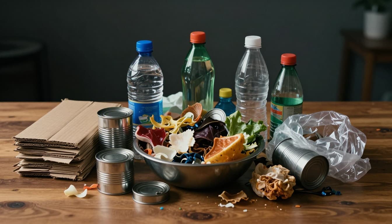 Household waste items organized into four categories on a wooden table: paper and cardboard left, metal cans and plastic bottles center, food scraps in bowl right, and trash like plastic wrap far right. Clean piles in cinematic style with dramatic overhead lighting.