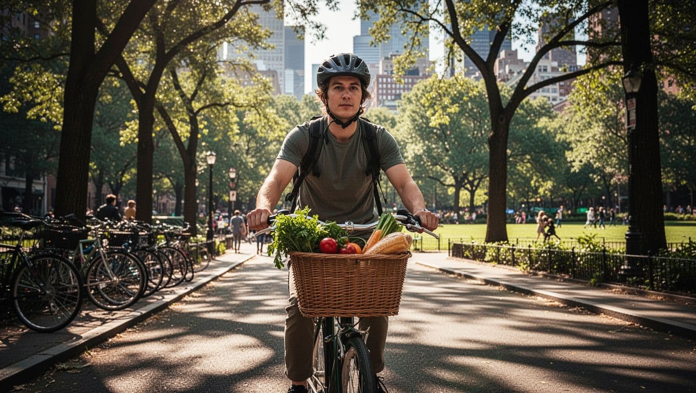 Person biking relaxed through a sunny urban street with trees, parked bikes nearby, wearing helmet, basket on bike filled with groceries, city park in background. Cinematic style featuring strong contrast, depth, and dramatic lighting.