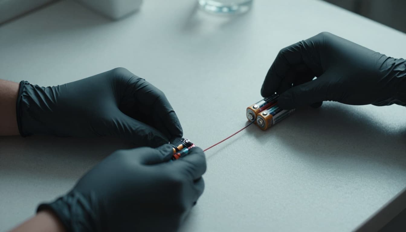 Hands taping the positive and negative terminals of several rechargeable batteries with black electrical tape on a clean kitchen counter, preparing them for safe placement in a clear plastic bag to prevent shorts.