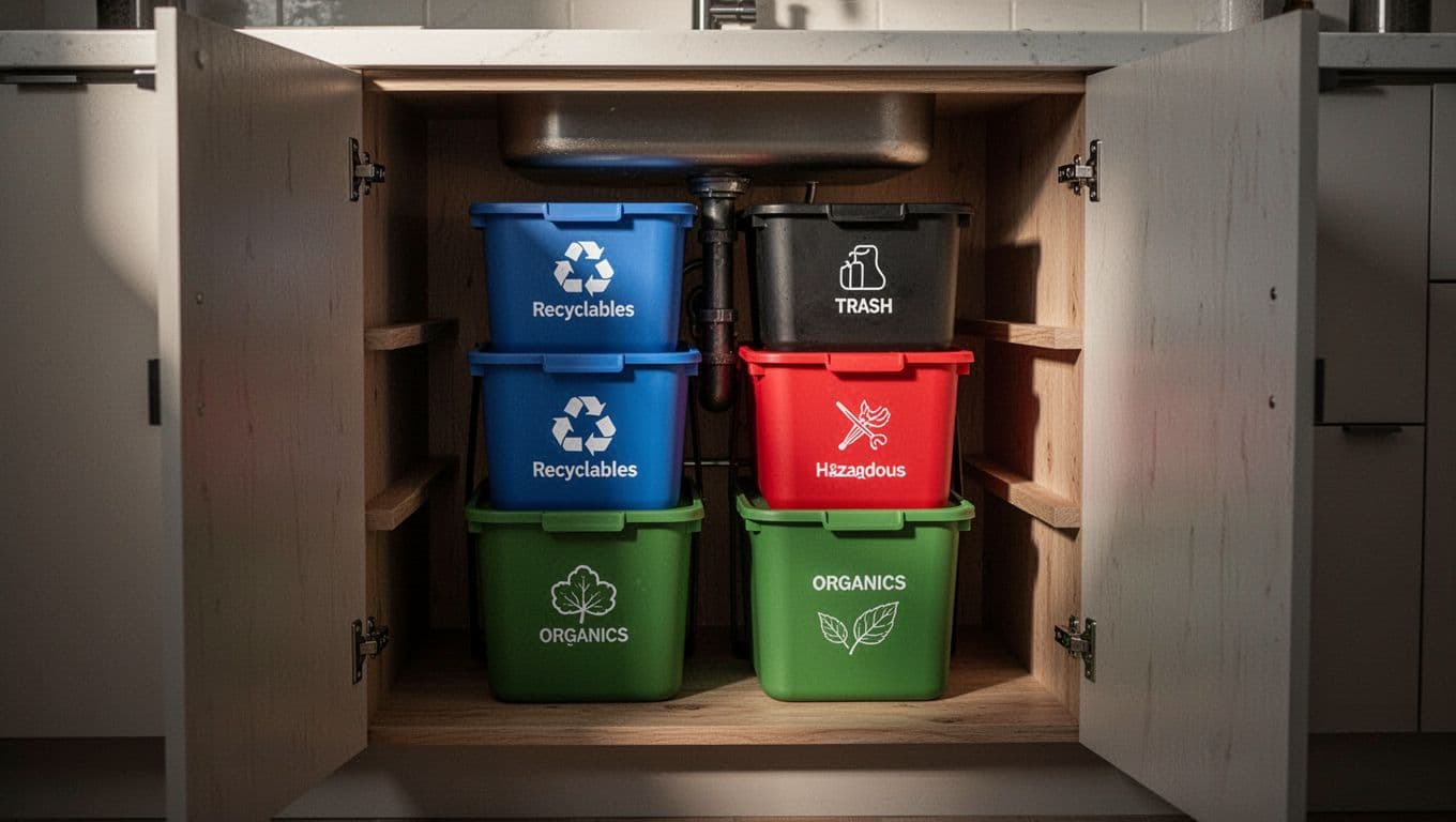 Compact four-stackable-bin waste sorting station in green (organics), blue (recyclables), red (hazardous), and black (trash) inside an open under-sink kitchen cabinet, with cinematic lighting and depth of field.