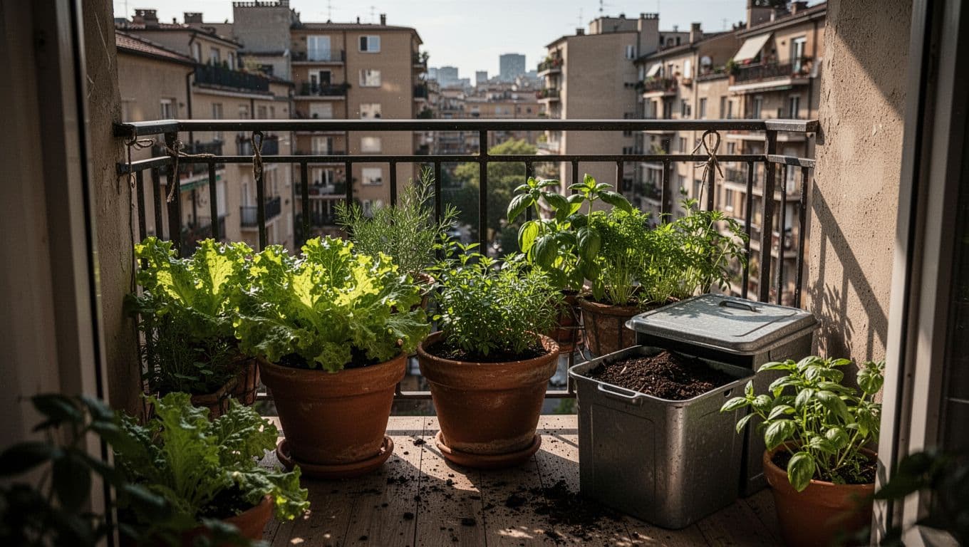 Home balcony garden featuring potted lettuce and herbs in warm sunlight, a small compost bin nearby, and an urban apartment view. Cinematic style with strong contrast, depth, and dramatic lighting.